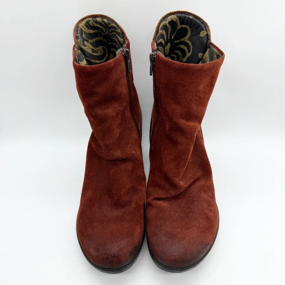 FLY LONDON Hota Suede Heeled Ankle Boots In Oilsu/Rug Brick Sz 40 Hippie Comfort